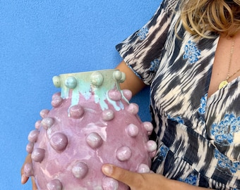 Large Handmade Ceramic Vase, Teal & Magenta Pink Bubble Vase, Solar Powered High-Fire Stoneware, Eco-Friendly Statement Centerpiece (H 28 cm)