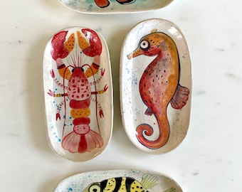 Hand-Painted Ceramic Oval Plates: Marine Life Designs, Perfect for Appetizers