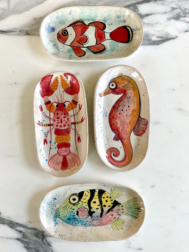 Hand-Painted Ceramic Oval Plates: Marine Life Designs, Perfect for Appetizers image 1