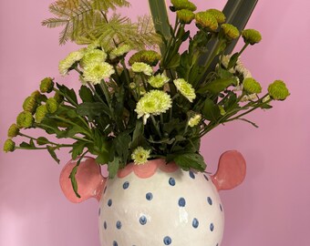 Sculptural Pink Ears Ceramic Vase, Blue Polka Dot Scallop Rim, Solar Fired Stoneware Art Pottery Centerpiece (H 25 cm D 62 cm / 9.8"x24.4")