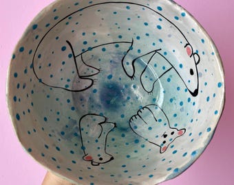 Snowy Polar Bear Ceramic Bowl, Hand-Painted Design, Breakfast or Fruit Bowl, Unique Pottery, Arctic Animal Gift
