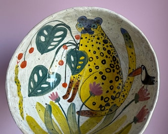 Handmade Ceramic Ramen Bowl Leopard and Toucan, Hand Painted Stoneware Soup Dish, Blue Floral Botanical Pottery, Jungle Animal Gift
