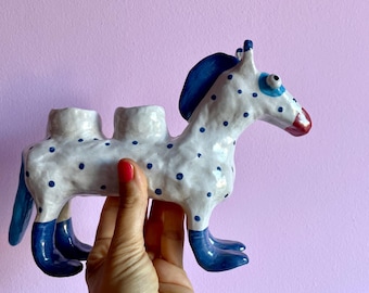 Handmade Stoneware Candle Holder “Blue-Spotted Horse” – Hand-painted Ceramic Sculpture for Two Candles
