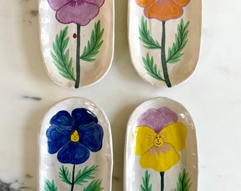 Handcrafted Ceramic Oval Plates: Smiling Pansy Flowers, Springtime Elegance for Your Table