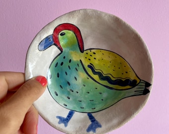 Hand-painted stoneware bowl with watercolor duck – handmade and unique, perfect for appetizers or sauces