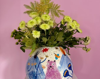 Large Erupting Volcano -Wild Bear Stoneware Vase, Primordial Fire & Nature Art, Solar Powered Hand Painted Ceramic Centerpiece