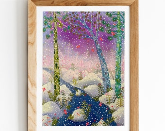 SUN RISE PAINTING | Winter Forest Print |Forest Stream Flowing Print | Winter Snow Fall Wall Art | Birds Flying Print | Home Decor Paintings