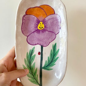 Handcrafted Ceramic Oval Plates: Smiling Pansy Flowers, Springtime Elegance for Your Table image 7