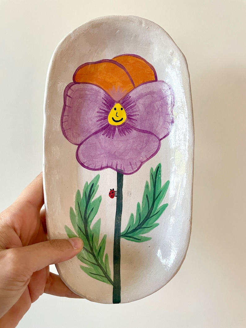 Handcrafted Ceramic Oval Plates: Smiling Pansy Flowers, Springtime Elegance for Your Table image 7