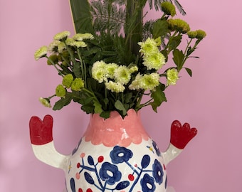 Large Sculptural Tulip Handle Vase, Blue Aqua Red Floral Hand Painted Stoneware, Solar Fired Ceramic Blossom Vessel (H 25 cm D 65 cm / 25.5")