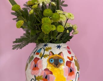 Large Hand Painted Ceramic Vase, Siamese Cat & Kittens in Veggie Garden Nasturtium, Solar Fired Stoneware Statement Centerpiece (H 26cm D 80
