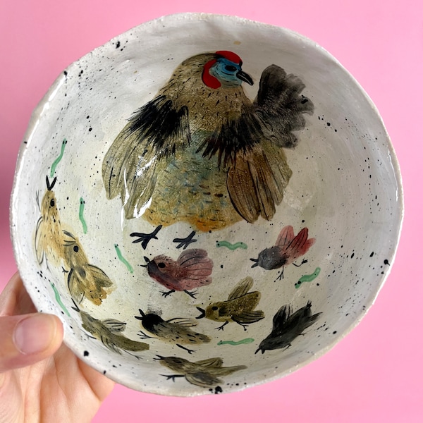 Accent de décoration de cuisine | Motif mère poule et poussins | saladier en céramique | cadeau de bol en céramique | Céramique artisanale