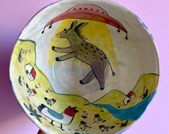 Stoneware Bowl “Donkey Abducted by the Pink UFO” – Hand-shaped and hand-painted, pink and cobalt blue glazes