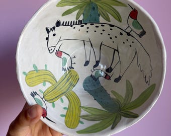 Handmade Conical Ceramic Ramen Bowl Spotted White Horse and Succulents, Hand Painted Stoneware Soup Dish, Blue Botanical Pottery Gift