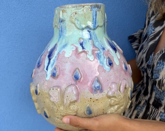 Large Sculptural Stoneware Vase, Storybook Rain Clouds & Bas-Relief Figures, Solar Powered Speckled Ceramic Art Centerpiece (H 28cm D 72cm)