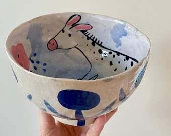 Handcrafted Ceramic Bowl: Blue Blossoms Outside, Cheerful Donkey Inside