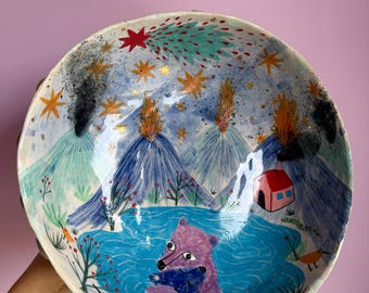 Handmade Stoneware Pedestal Bowl with Bear Landscape & Real Gold Luster | Handpainted Ceramic Centerpiece with Textured Relief (Ø 9.5 in)
