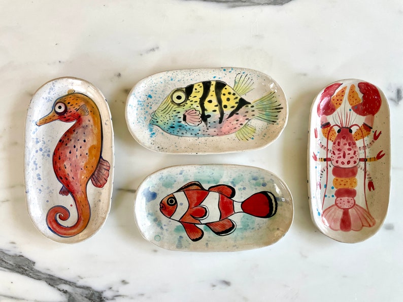 Hand-Painted Ceramic Oval Plates: Marine Life Designs, Perfect for Appetizers image 5