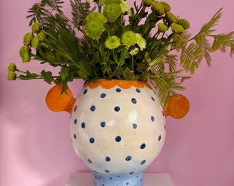 Sculptural Orange Ears Ceramic Vase, Blue Polka Dot Scallop Rim, Solar Fired Stoneware Art Pottery Centerpiece (H 31 cm D 70 cm / 12.2"x27.5