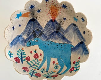 Stoneware Cake Stand with Blue Arena volcanoes and Mushrooms One of a Kind