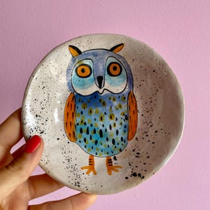 Può includere: Un piccolo piatto rotondo in ceramica con un disegno di gufo dipinto a mano. Il gufo ha piume blu e arancioni, grandi occhi arancioni ed è centrato su un piatto bianco con macchie nere. Sfondo rosa.