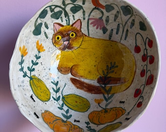 Handmade Ceramic Ramen Bowl Siamese Cat in Vegetable Garden, Hand Painted Stoneware Soup Dish, Cute Cat Lover Noodle Bowl Gift