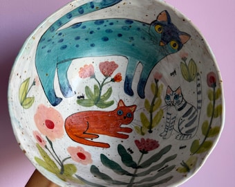 Handmade Ceramic Ramen Bowl Colorful Cat Family, Hand Painted Speckled Stoneware Soup Dish, Reactive Glaze Pottery Cat Lover Gift