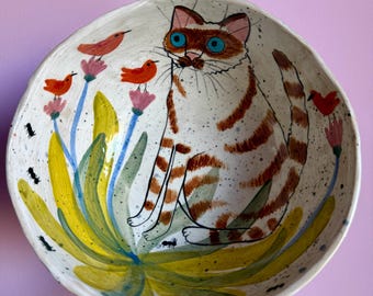 Handmade Ceramic Ramen Bowl Hand Painted Cat and Plants, Stoneware Soup Bowl, Artisanal Botanical Cat Lover Dish, Unique Gift