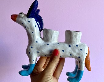Handmade Stoneware Candle Holder “Blue Donkey” – Hand-painted Ceramic Donkey Sculpture for Two Candles