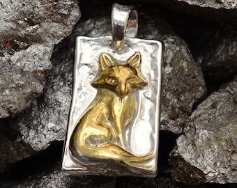 Boho Fox Pendant: Rustic Sculptural Design - Sterling Silver With Gold Highlights, Handmade Jewelry Gift