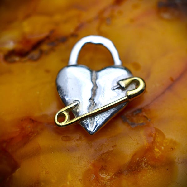 Broken Heart Necklace - Sterling Silver with Gold Safety Pin