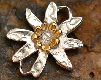 Boho Silver Edelweiss Pendant with Gold Center (Handmade Charm)
