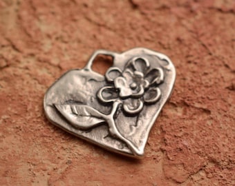 Heart Pendant Necklace - Rustic Boho Silver Charm - Sterling 925, Flower Detail, Symbolic Romantic Gift for Women