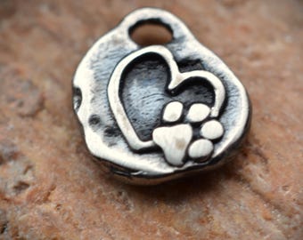 Heart Paw Pendant Sterling Silver Necklace, Oxidized Rustic Design (Handcrafted, 13mm x 12mm, Pet Lover Gift)