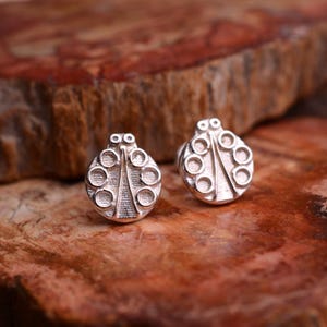 May include: A pair of silver stud earrings, each shaped like a ladybug. The earrings feature a detailed design of circles and lines. They are presented on a brown, textured surface.