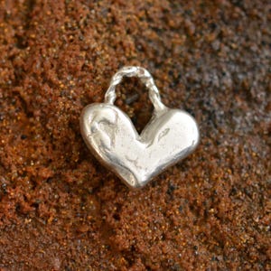 Può includere: Un piccolo ciondolo a forma di cuore argentato con una superficie strutturata. Il ciondolo ha un'asola ad anello nella parte superiore per il fissaggio a una catena. Il cuore è posto su uno sfondo strutturato marrone-rossastro. Gioielli.