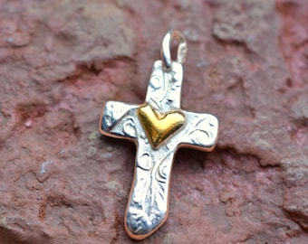 Cross Necklace Silver Heart Pendant - Boho Rustic Jewelry, Gold Accent, Sterling Silver 925, Meaningful Gift for Her