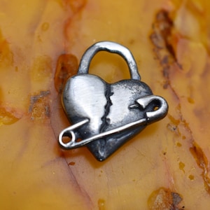 Heart Pendant Necklace - Boho Rustic Broken Heart Design - Safety Pin Detail, Oxidized Sterling Silver, Meaningful Gift for Her