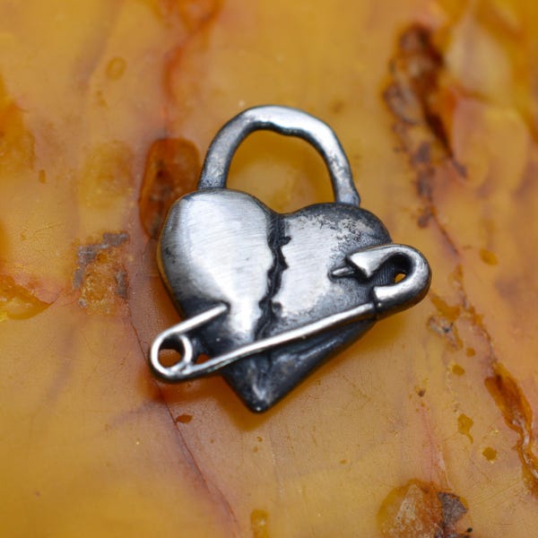Heart Pendant Necklace - Boho Rustic Broken Heart Design - Safety Pin Detail, Oxidized Sterling Silver, Meaningful Gift for Her