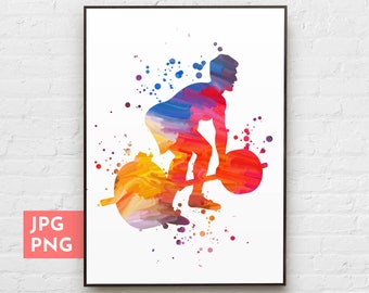 May include: A colorful watercolor illustration of a person lifting a barbell. The illustration is in shades of blue, red, yellow, and orange. The person is in a lifting pose, with their back straight and their legs bent. The barbell is in front of them, and they are lifting it up.