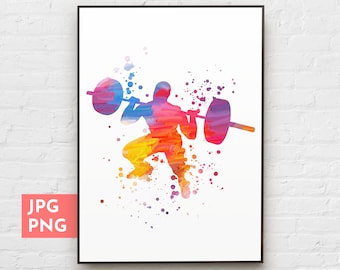 May include: A colorful watercolor illustration of a person lifting weights. The person is in a squat position with a barbell across their shoulders. The background is white with colorful splatters of paint.