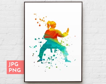 Arte de karate para niñas, arte de pared deportivo, póster de karate, decoración de pared de karate, imprimible de karate, impresión de acuarela deportiva, regalo de karate para niñas