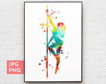 Pole dancer girl PNG, stampabile da parete di danza, stampa acquerello di ragazza che balla, disegni a sublimazione