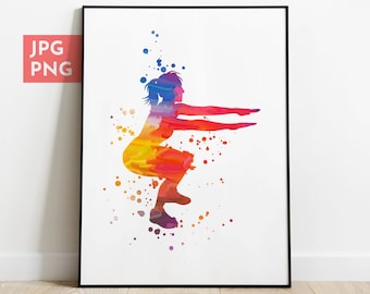 May include: A colorful watercolor illustration of a person doing a squat exercise. The silhouette is filled with shades of blue, red, yellow, and orange.