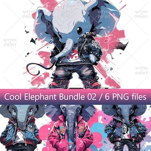 Elephants illustration clipart, 6 PNG hip hop designs, African animals, Cool elephant, Cartoon fashion animal, Watercolor bundle beast