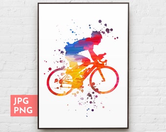 Watercolor bicycle print, Sports wall art, Printable bicycle decor, Bike lover gift, Biker poster, Sublimation designs, PNG file