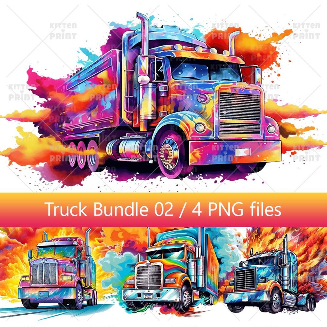 Colorful Trucks in Fire, 4 PNG Truck Illustration, Clipart Classic