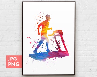 Impression d'entraînement pour homme sur tapis roulant, cadeaux de fitness pour hommes, art de la salle de sport à imprimer, décoration de salle de sport, art mural aquarelle de sport