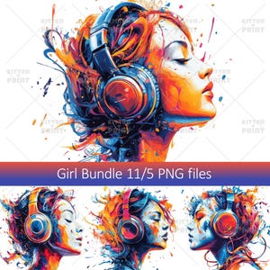 DJ girl bundle, Girls in headphones, 5 PNG illustration, Urban beauty pack, Colorful female, Women music portrait, Clipart for fashion girl