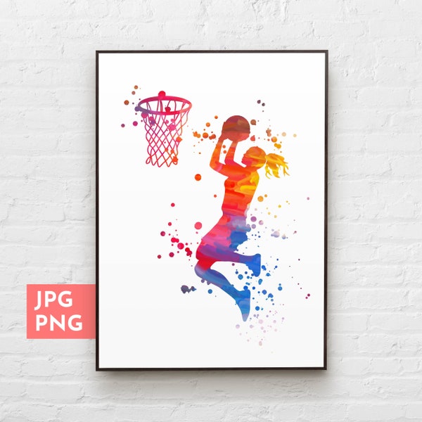 Joueuse de basket-ball, impression d'art de basket-ball, cadeaux de basket-ball pour les filles, décoration de chambre de fille, silhouette de basket-ball, art mural sport